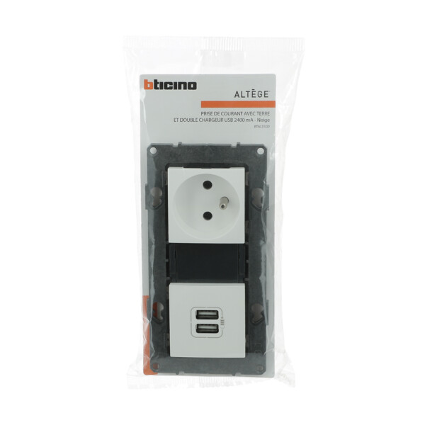 Bticino altège  prise de courant 2p+t + prise double chargeur usb - 2400 ma 6 - neige - compo - Bticino Cofrel - BTAL31DD