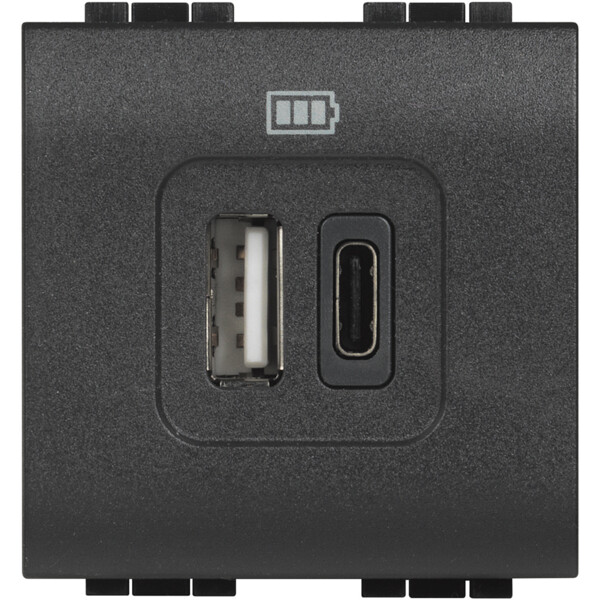 Chargeur 2 USB Type A avec Type C Anthracite 3 A 5 V 15 W 230 V Livinglight BTicino – 2 Modules - Bticino Cofrel - BTL4287C2
