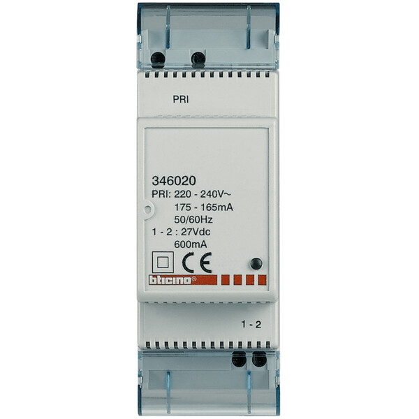 Alimentation pour poste ou platine supplémentaire pour système bus 2 fils (bornes 1-2), boîtier 2 modules - Bticino Cofrel - 346020