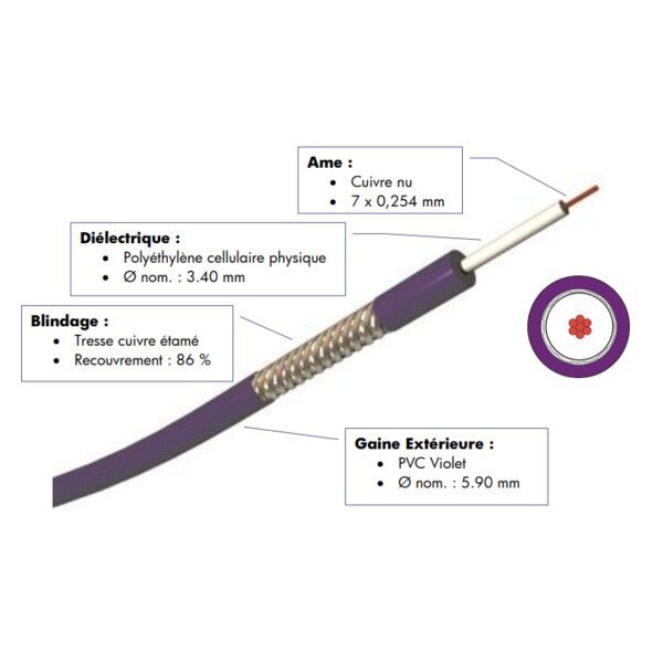 Câble coaxial CAE hd âme souple gaine pvc violette Ø5,90mm - CAE Axitronic - 000514