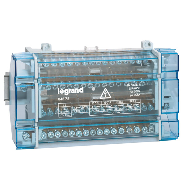 Répartiteur modulaire monobloc tétrapolaire à bornes - 125A - 17 connexions par barreau - 10 modules - Legrand - 004876