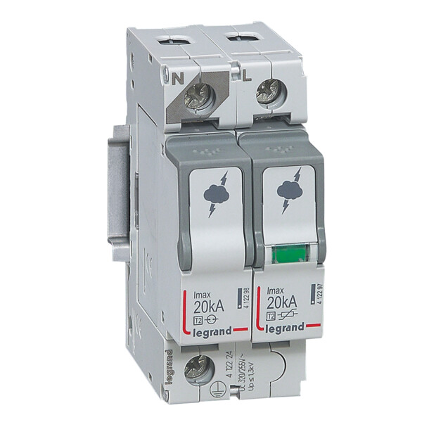 Parafoudre basse tension t2- imax 20 ka/pôle- 1p+n- 320 va- 2 modules - Legrand - 412224