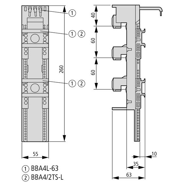 Adaptateur jdb, 55mm, 63a, 2ts (BBA4L-63) - Eaton - 101459