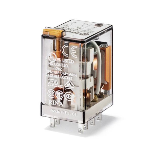 Relais industriel 2rt 10a 230v ac, bouton test + indicateur mécanique + led (553282300054) - Finder - 93444
