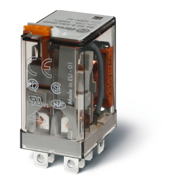 Relais de puissance 2rt 12a 230v ac, bouton test + indicateur mécanique (563282300040) - Finder - 98234