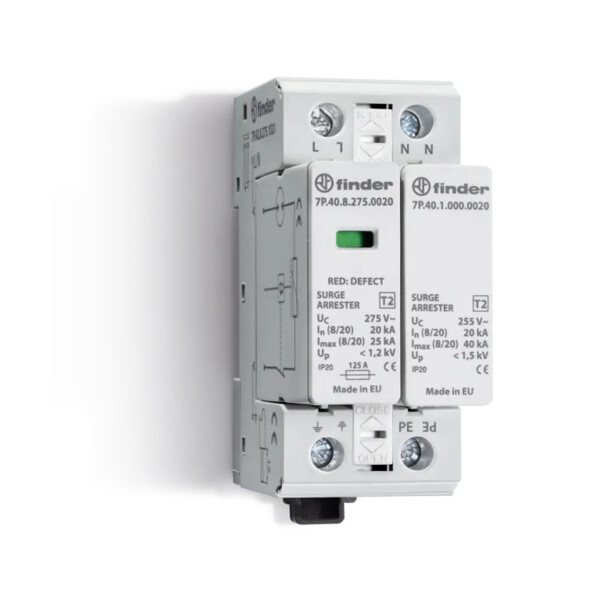 Paraf T2 mono varistor + éclateur, 230V, In20kA, Up1,2kV, Télésignalisation - Finder - 423197