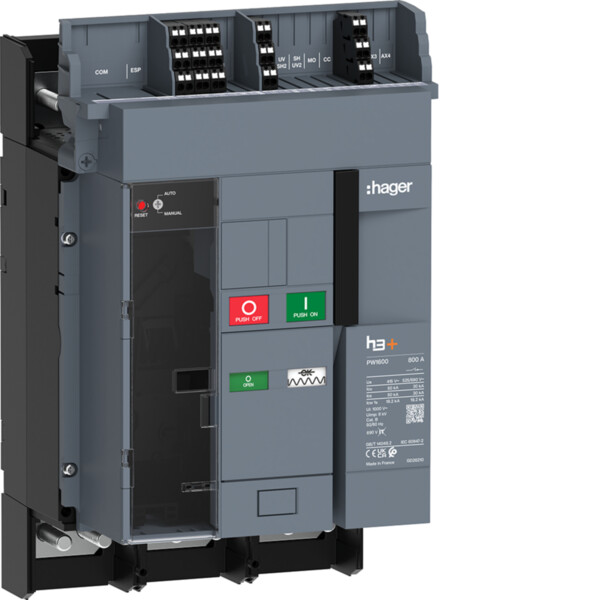 Disjoncteur h3+ PW1600 3P 800A 50kA fixe motorisable pour TU sentinel Energy - Hager - HY1M308FE