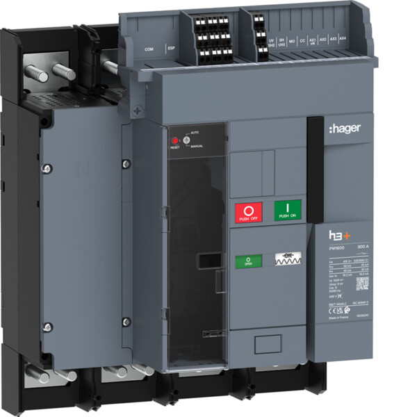 Disjoncteur h3+ PW1600 4P 800A 50kA fixe motorisable pour TU sentinel Energy - Hager - HY1M408FE