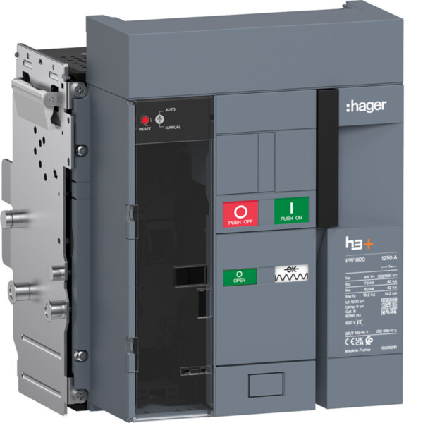 Disjoncteur h3+ PW1600 3P 1250A 70kA Débrochable pour TU sentinel Energy - Hager - HY1E312DE