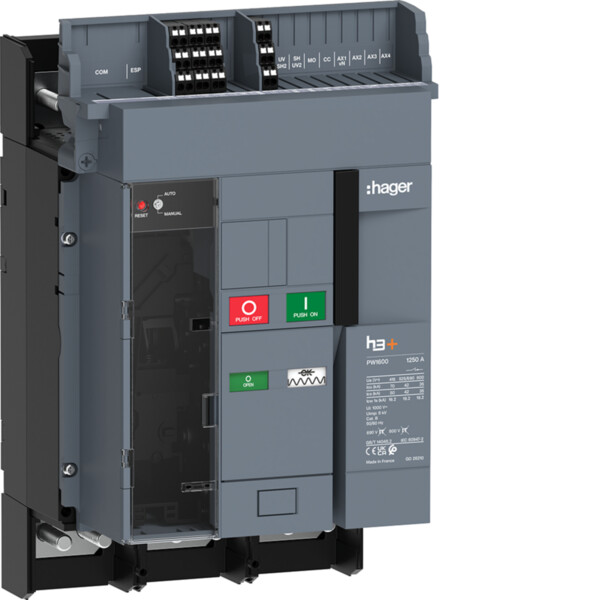 Disjoncteur h3+ PW1600 3P 1250A 70kA fixe motorisable pour TU sentinel - Hager - HY1E312FB