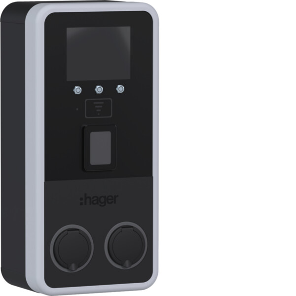 WP2 Murale 2x 22kW, 2xT2S, 1xTE, IP55, IK10, OCCP, 4G, RFID, TPE, Ecran, Protec. - Hager - XVP222SYF