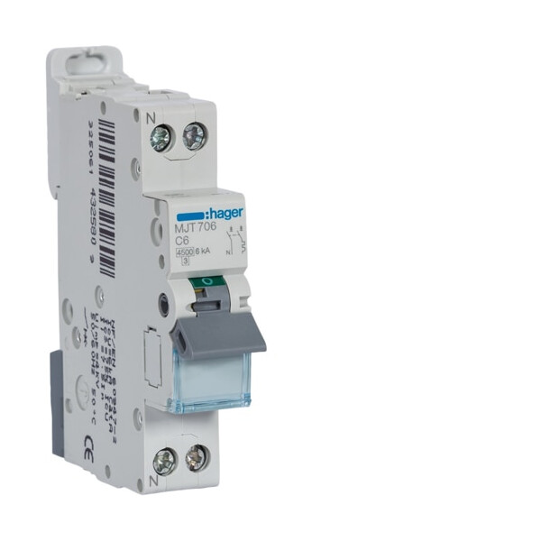 Disjoncteur 1P+N 6A courbe C 4,5-6kA Hager - Hager - MJT706