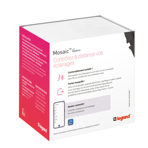 Interrupteur double connecté avec Neutre Mosaic With Netatmo 2x250W compatible Home + Control - blanc - Legrand - 077702LA