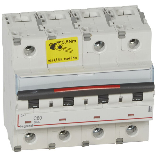 Disjoncteur magnéto-thermique dx³ - 4p - 80 a - 36 ka - courbe c - Legrand - 410041