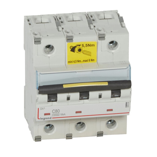 Disjoncteur dx³ 10000-vis/vis-3p-400v~-80a-16ka-courbe c-départ-peigne hx³ trad 3p - Legrand - 409280