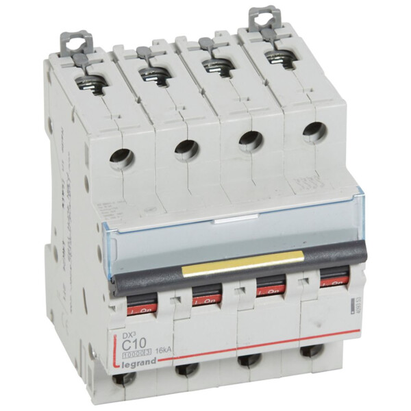Disjoncteur dx³ 10000-vis/vis-4p-400v~-10a-16ka-courbe c-départ-peigne hx³ trad 4p - Legrand - 409353