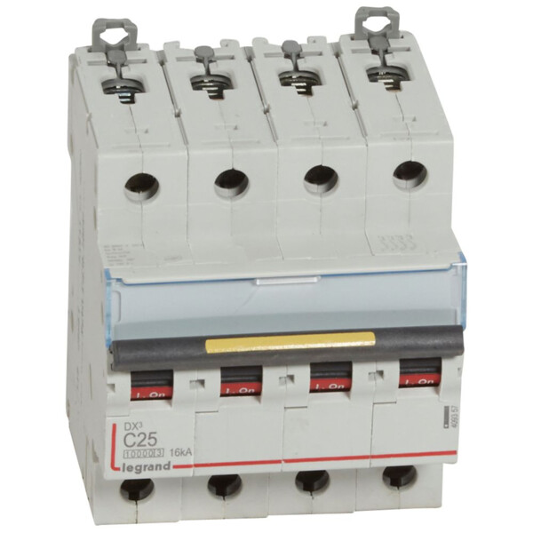 Disjoncteur dx³ 10000-vis/vis-4p-400v~-25a-16ka-courbe c-départ-peigne hx³ trad 4p - Legrand - 409357