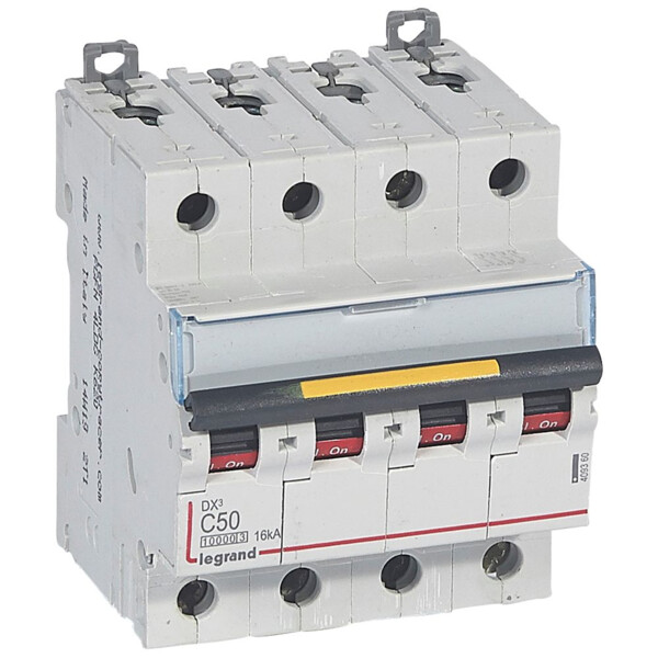 Disjoncteur dx³ 10000-vis/vis-4p-400v~-50a-16ka-courbe c-départ-peigne hx³ trad 4p - Legrand - 409360