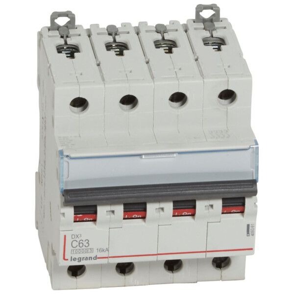Disjoncteur dx³ 10000-vis/vis-4p-400v~-63a-16ka-courbe c-départ-peigne hx³ trad 4p - Legrand - 409361