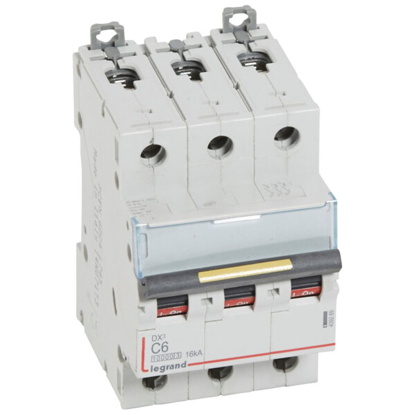 Disjoncteur dx³ 10000-vis/vis-3p-400v~-6a-16ka-courbe c-départ-peigne hx³ trad 3p - Legrand - 409269