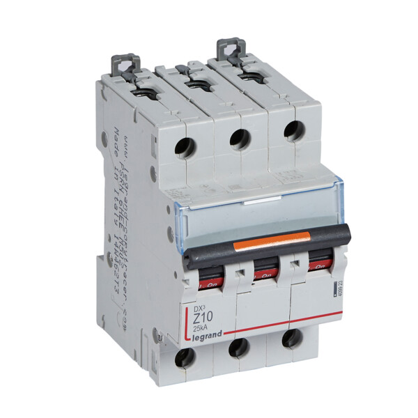 Disjoncteur dx³ 25 ka - courbe z - 3p 400v~- 10 a - vis/vis - 3 modules - Legrand - 409923