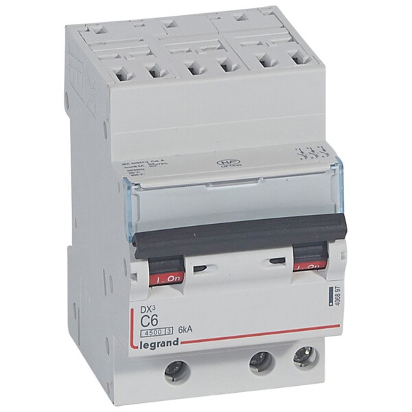 Disjoncteur dx³ 4500 - auto/vis - 3p - 400 v~ - 6a - 6ka - courbe c - départ - Legrand - 406897