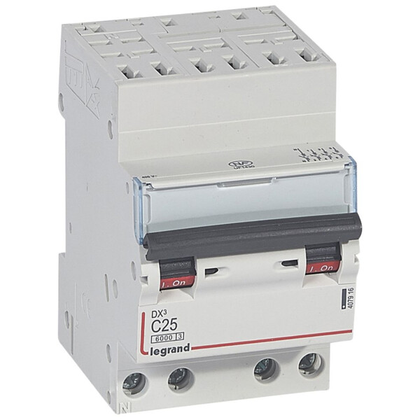Disjoncteur dx³ 6000 -auto/vis- 4p- 400v~-25a-10ka-courbec-départ-peigne hx³ opti 4p - Legrand - 407916