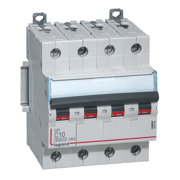Disjoncteur DX³6000 10kA arrivée haute et départ bas à vis 4P 400V~ - 10A - courbe C - pour peigne HX³ traditionnel - Legrand - 407896