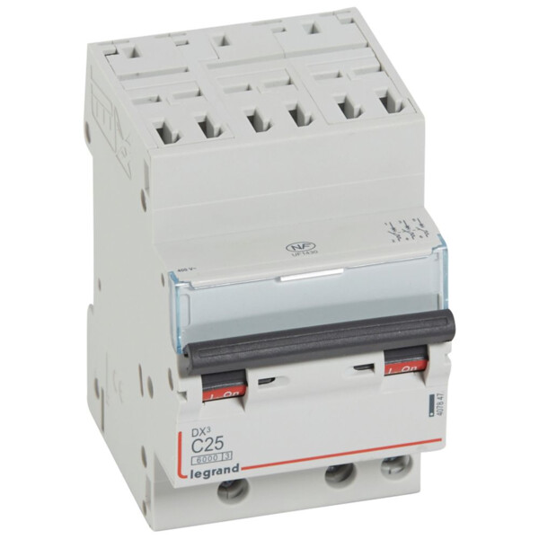 Disjoncteur dx³ 6000 -auto/vis- 3p- 400v~-25a-10ka-courbec-départ-peigne hx³ opti 4p - Legrand - 407847