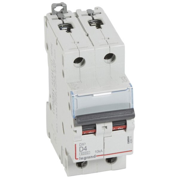 Disjoncteur dx³ 6000 -vis/vis- 2p-230/400v~ -4a-10ka - courbe d - protect départ mono - Legrand - 408011