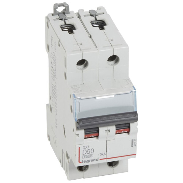 Disjoncteur dx³ 6000 -vis/vis- 2p-230/400v~ -50a-10ka - courbe d - protect départ mono - Legrand - 408020