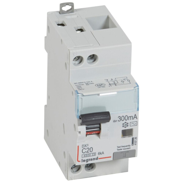 Disjoncteur différentiel dx³ 4500-vis/vis-u+n 230v~ 20a-typeac-300ma-6ka-courbe c-départ - Legrand - 410726