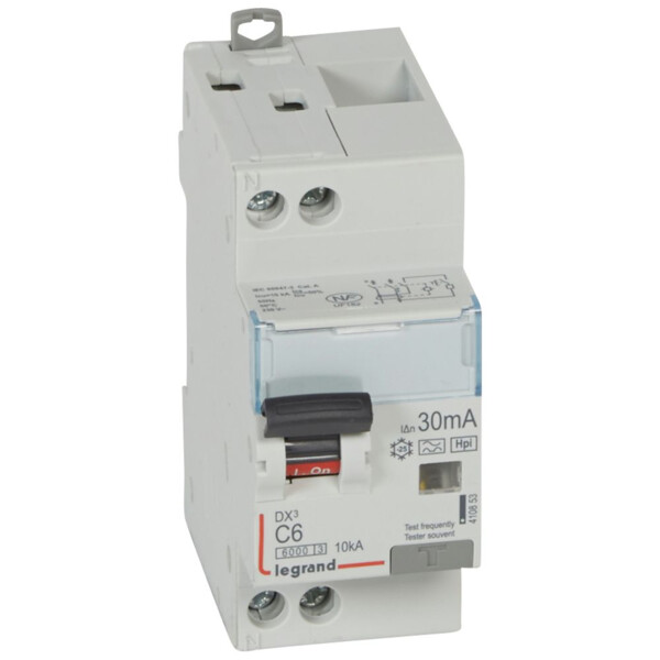 Disjoncteur différentiel monobloc dx³ 6000-vis/vis-u+n 230v~-6a-typehpi-30ma-10ka-courbe c-départ - Legrand - 410853