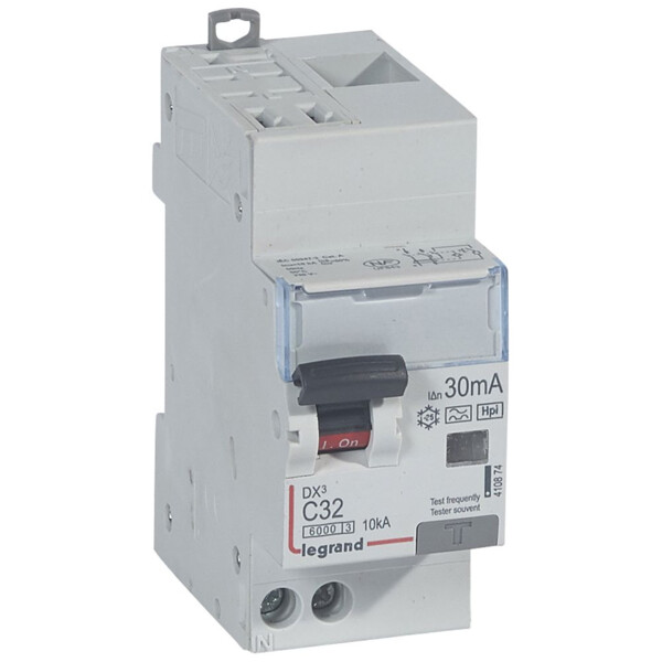 Disjoncteur différentiel monobloc dx³ 6000-auto/vis-u+n 230v~-32a-typehpi-30ma-10ka-courbe c-départ - Legrand - 410874