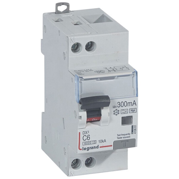 Disjoncteur différentiel monobloc dx³ 6000-vis/vis-u+n 230v~-6a-typehpi-300ma-10ka-courbe c-départ - Legrand - 410881