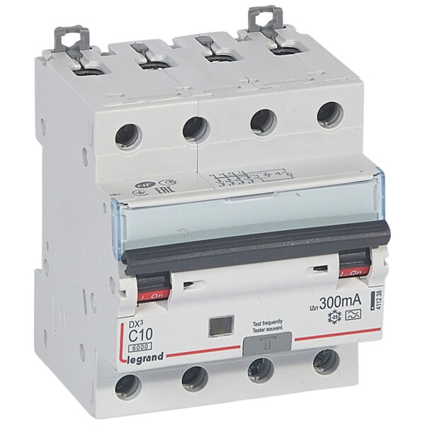 Disjoncteur différentiel monobloc dx³ 6000 -vis- 4p- 400v~ -10a-typea-300ma-10ka-courbe c-départ - Legrand - 411238