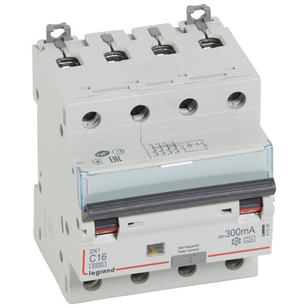 Disjoncteur différentiel monobloc dx³ 6000 -vis- 4p- 400v~ -16a-typea-300ma-10ka-courbe c-départ - Legrand - 411239