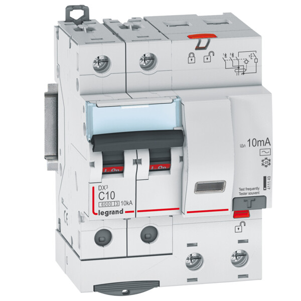 Disjoncteur différentiel monobloc dx³ 6000-vis-2p-230/400v~-10a-typeac-10ma-10ka-courbe c-départ - Legrand - 411149