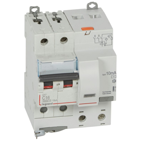 Disjoncteur différentiel monobloc dx³ 6000-vis-2p-230/400v~-16a-typeac-10ma-10ka-courbe c-départ - Legrand - 411150