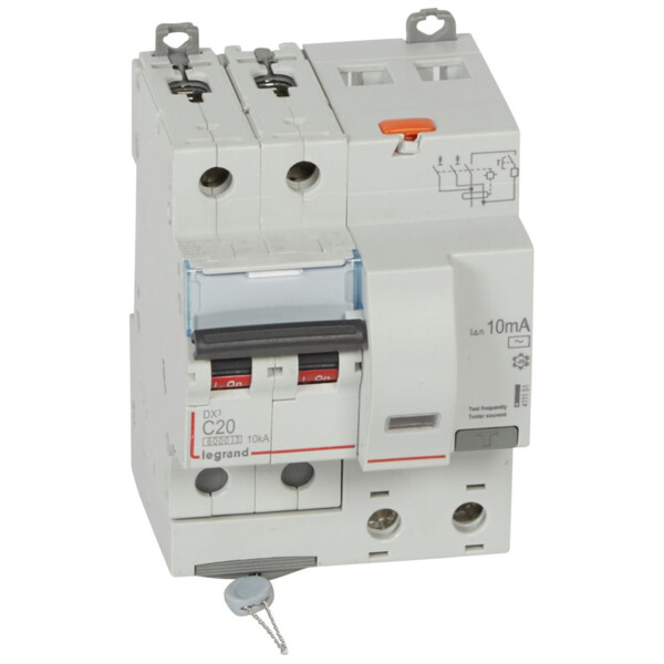 Disjoncteur différentiel monobloc dx³ 6000-vis-2p-230/400v~-20a-typeac-10ma-10ka-courbe c-départ - Legrand - 411151