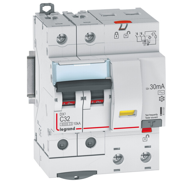 Disjoncteur différentiel monobloc dx³ 6000-vis-2p-230/400v~-32a-typeac-30ma-10ka-courbe c-départ - Legrand - 411161