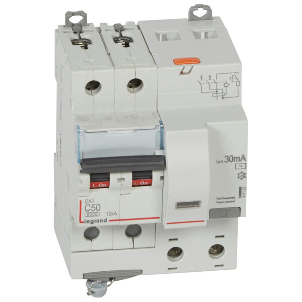 Disjoncteur différentiel monobloc dx³ 6000-vis-2p-230/400v~-50a-typeac-30ma-10ka-courbe c-départ - Legrand - 411163