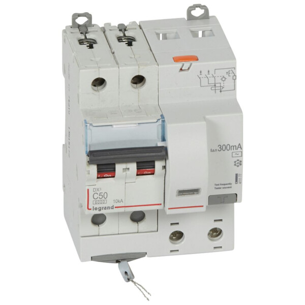 Disjoncteur différentiel monobloc dx³ 6000-vis-2p-230/400v~-50a-typeac-300ma-10ka-courbe c-départ - Legrand - 411177
