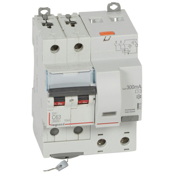 Disjoncteur différentiel monobloc dx³ 6000-vis-2p-230/400v~-63a-typeac-300ma-10ka-courbe c-départ - Legrand - 411178
