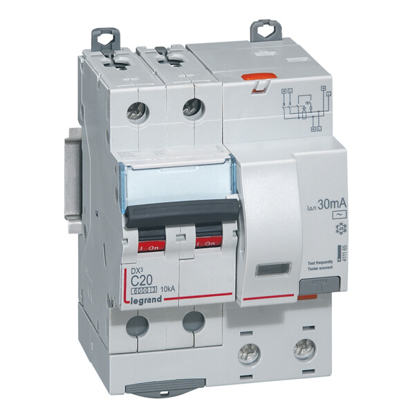 Disjoncteur différentiel monobloc dx³ 6000-vis/auto-2p 230/400v~-20a-typeac-30ma-10ka-courbe c-tête - Legrand - 411165