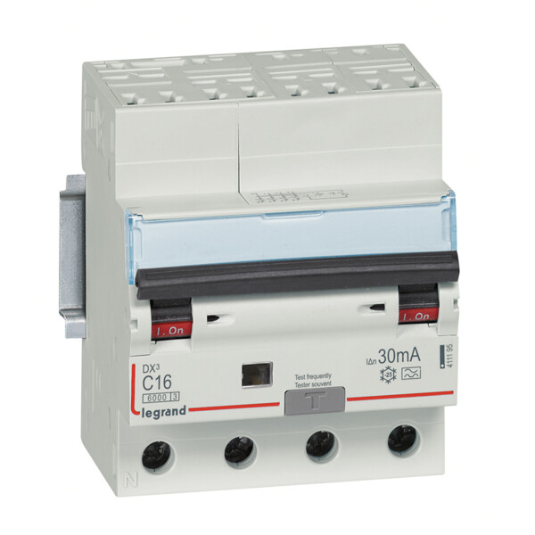Disjoncteur différentiel monobloc DX³6000 10kA arrivée haute automatique départ bas à vis 4P 400V~ - 16A - typeA 30mA - Legrand - 411195