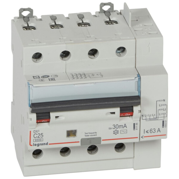 Disjoncteur différentiel monobloc dx³ 6000-vis/auto-4p-400v~-25a-typeac-30ma-10ka-courbe c-tête - Legrand - 411199