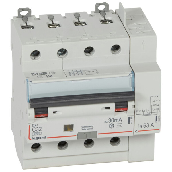 Disjoncteur différentiel monobloc dx³ 6000-vis/auto-4p-400v~-32a-typeac-30ma-10ka-courbe c-tête - Legrand - 411200