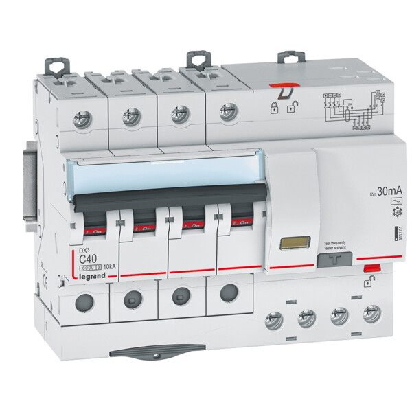 Disjoncteur différentiel monobloc dx³ 6000-vis/auto-4p-400v~-40a-typeac-30ma-10ka-courbe c-tête - Legrand - 411201