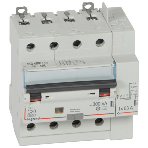 Disjoncteur différentiel monobloc dx³ 6000-vis/auto-4p-400v~-20a-typeac-300ma-10ka-courbe c-tête - Legrand - 411217